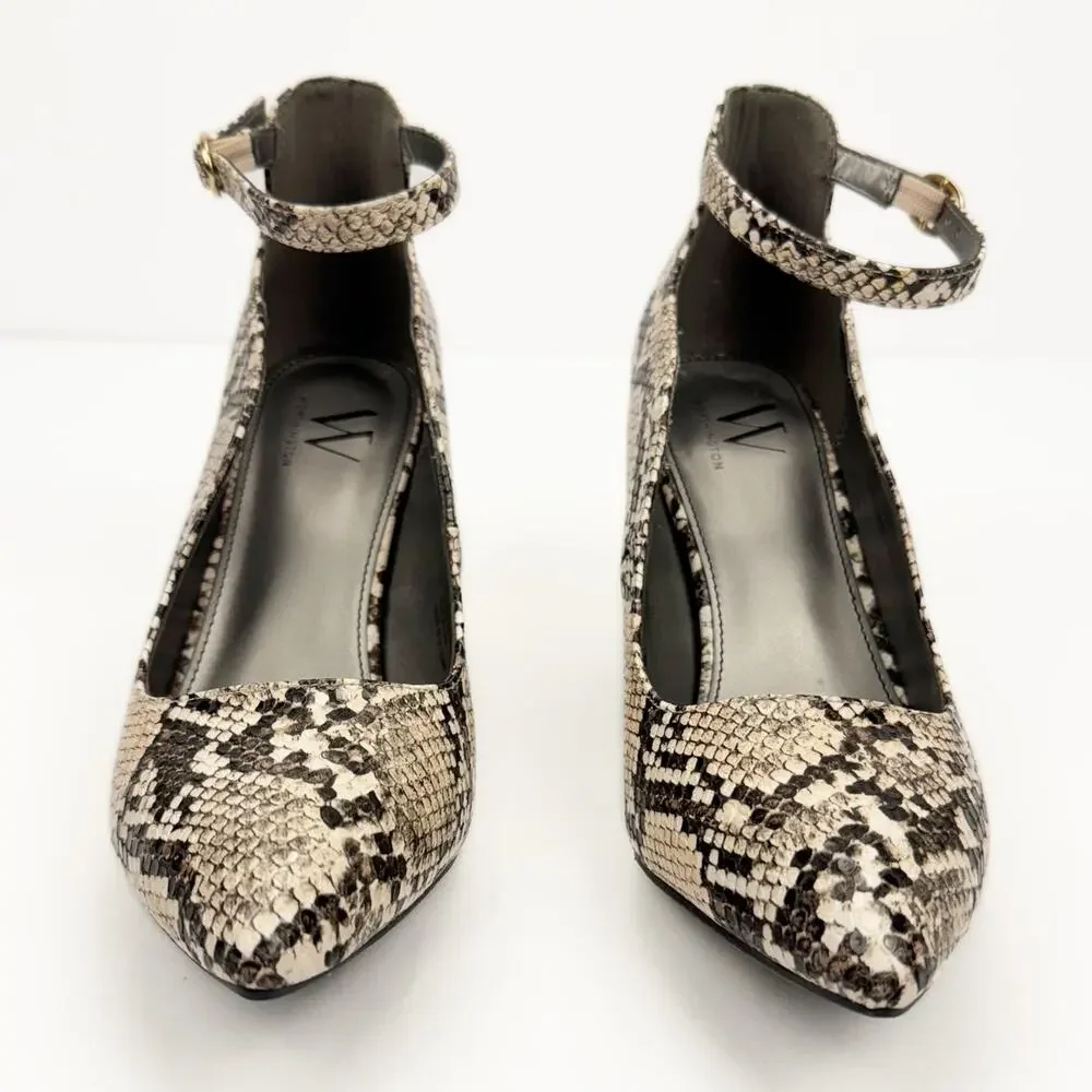 Worthington Snakeskin Block Heel Faux Leather Ankle Strap Pointed Toe‎ Pump 7.5M